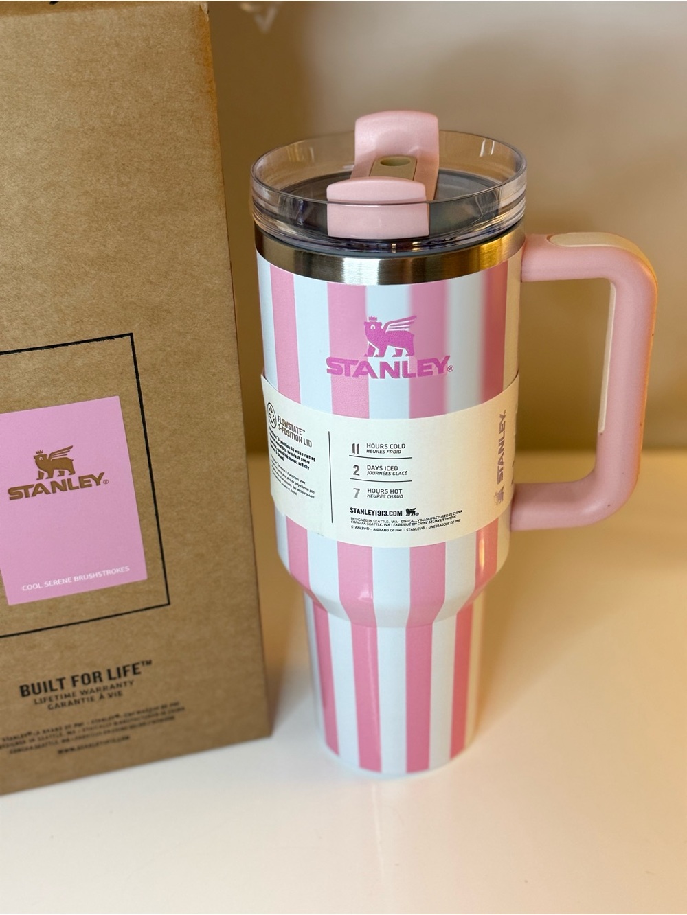 New! Stanley Quencher Pink & White Striped Insulated Tumbler . 40 oz - Picture 2 of 8